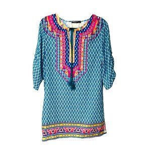 Urban Coco BoHo Dress Tunic Women's S Tie Tassels 3/4 Ruched Sleeves
